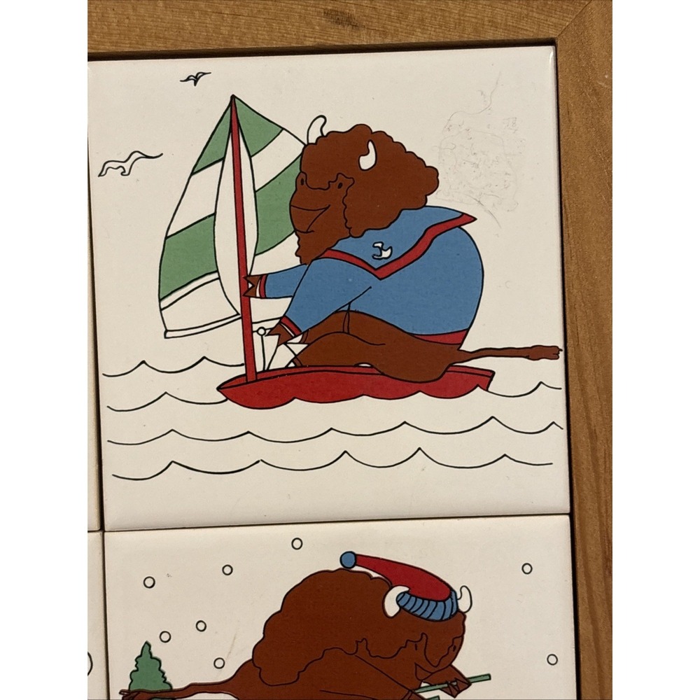 Vintage 1985 AM&As Buffalo Ceramic Tile Wall Art 4 Tile Framed Alexander Buffalo - Picture 6 of 10